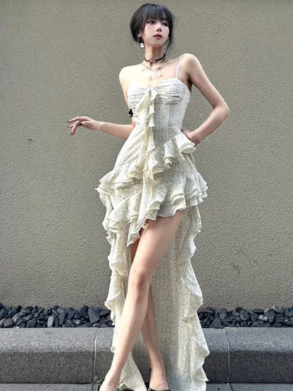 Midi Dress Sleeveless Backless Patchwork Ruffle Slim Camiosle Dresses Club Party Vestidos Spring Summer