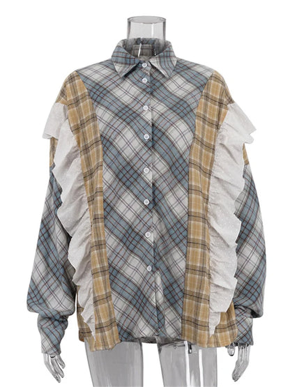 Ruffled Patchwork Shirts ’s Long Sleeve Lapel Cardigan Striped Contrast Clothes for Summer Shirts Coat