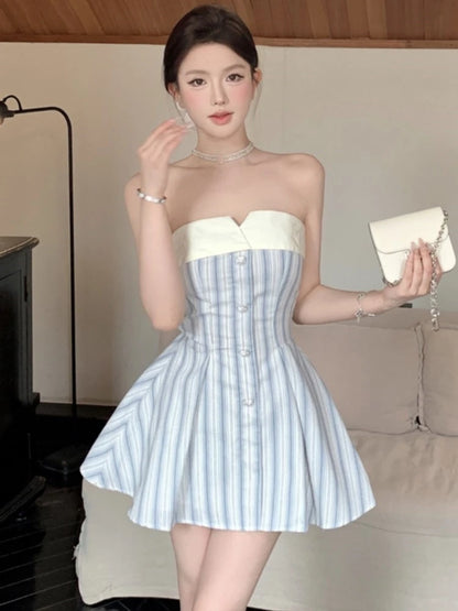 Y2k Strapless Mini Dresses for Bow Patchwork A-line Birthday Party Dress Korean Prom Short Vestidos Mujer