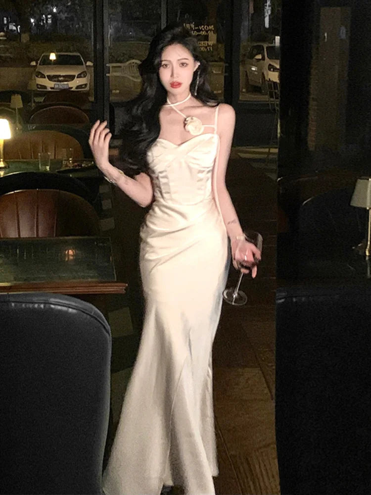 Summer Spaghetti Strap Evening Party Prom Club New Backless Split Satin Long Dresses Female Vestidos