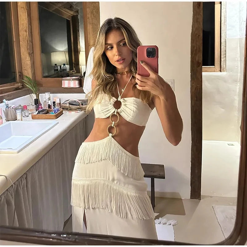 Splicing Sleeveless Halter Long Dress for Cut Out Quilted Sling Vestidos Female Vacation Backless Beach Split Robes