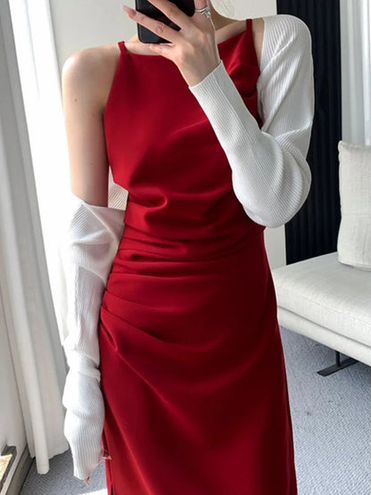 Summer Korean Slim Red Sleeveless Midi Dress New Spaghetti Straps Bodycon Split Clothes Office Lady Vestidos