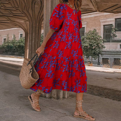 Summer New ’s Print Dress Puff Short Sleeves Ruffles Loose A-line Midi Dresses Beach Vacation Vestidos