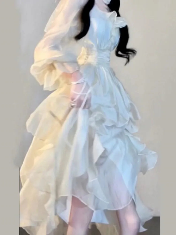 Ruffles Fairy Dresses Korean Slim Wasit a Line Midi Dress Spring Summer Princess Party Vestidos