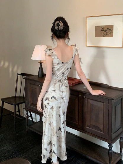 Summer French Midi Dress Office Lady Y2k Causal Retro Party Dress Korean Print Slim Dress New