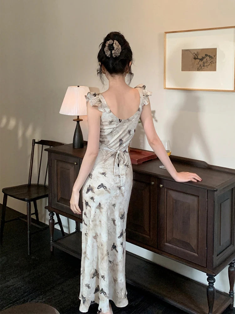 Summer French Midi Dress Office Lady Y2k Causal Retro Party Dress Korean Print Slim Dress New