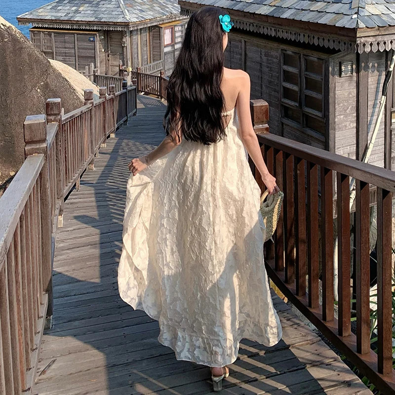 Summer Vestidos Beige Beach Holiday Backless Birthday Party Long Dress Club Halter Bandage Pleated Dress