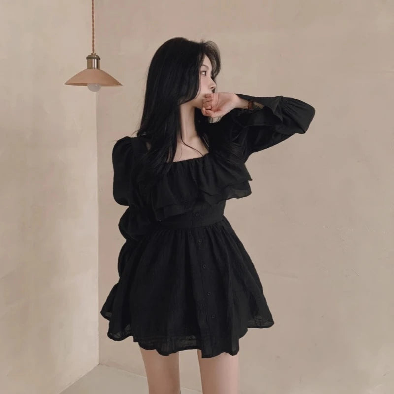 Dresses Puff Sleeve Ruffles Square Neck Spring Autumn Vestidos Mujer Korean Aline Mini Dress
