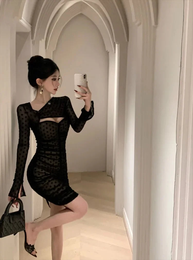 Cocktail Mini Dresses Hollow Out Slim Patchwork Mesh Long Sleeve Club Evening Dress Birthday Party