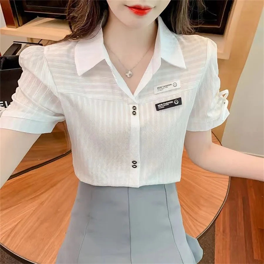 Woman Summer Style Blouses Shirts Lady Short Sleeve Turn-down Collar Color Blusas Tops Df4392