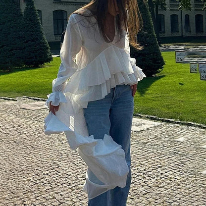 Ruffles V-neck Long Sleeve Blouse