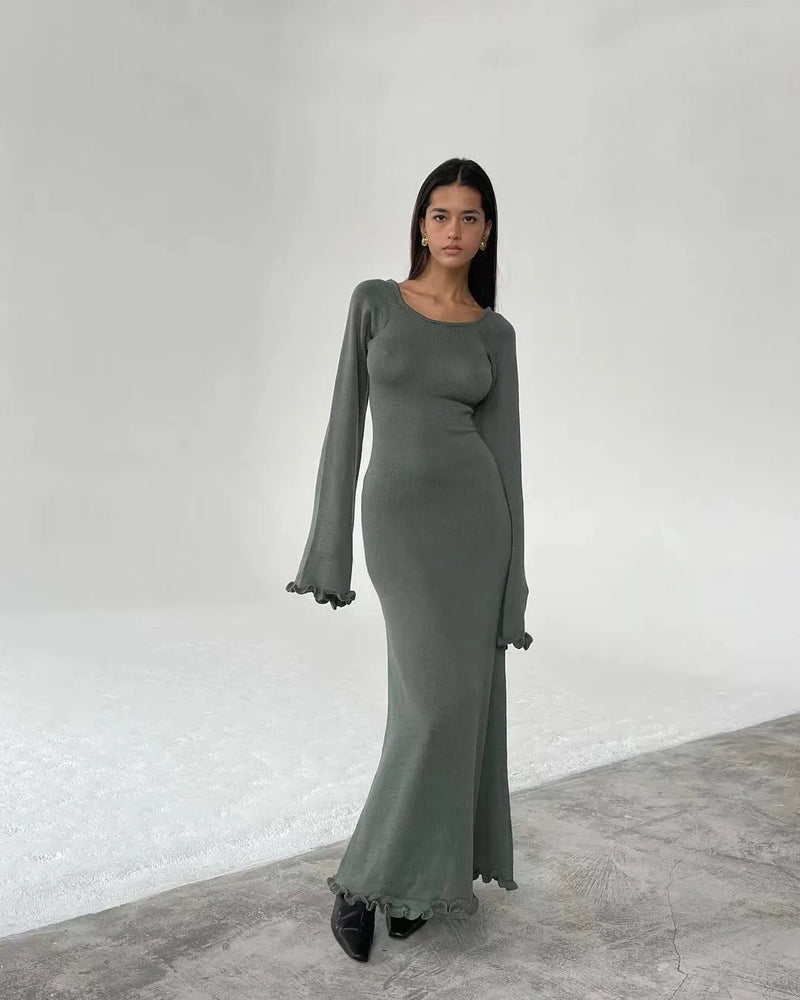 Ribbed Knit Ruffle Trim Long Dress Long Sleeve Bodycon Party Cocktail Dress Flare Summer Beach Cover Up