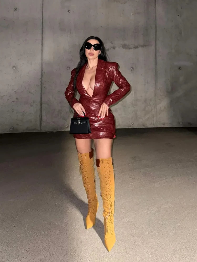 Deep V Red Lattice Leather Mini Dress Long Sleeve High Waist Fold Slim Dresses Lady New Highstreet Short Robe