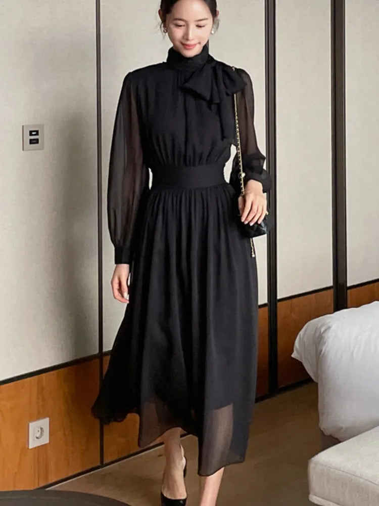 Midi Dresses for Long Sleeves Half High Collar Lace-up A-line Korean Autumn New One Piece Vestido Mujer