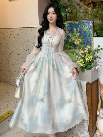 French Printed Midi Dress for Lantern Sleeve Vneck Slim Waist Aline Vestidos Birthday Party Robe