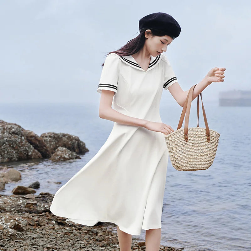Dress Navy Collar With a Collegiate and Artistic Style Summer New White Moonlight Waist-cinched Long Dress