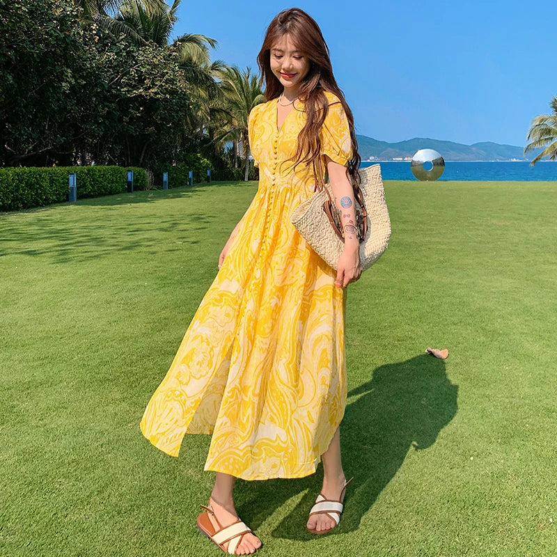 Summer Yellow Senior Sense Chiffon Vneck High Waist Thin Temperament Seaside Resort Long Dress