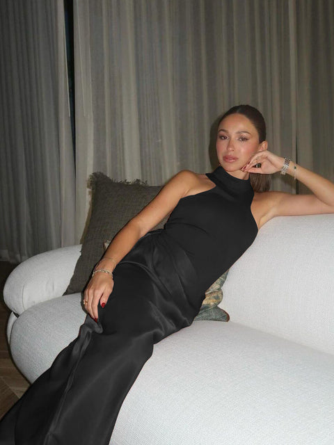 Sleeveless Satin Patchwork Hollow Out Long Dress Elastic Tight Female Party Club Evening Vestidos