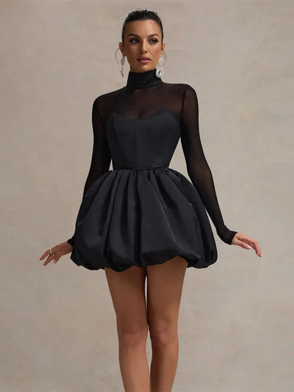 Turtleneck Sheer Long Sleeve Mini Dress for Black See Through High Waist A-line Club Party Dress