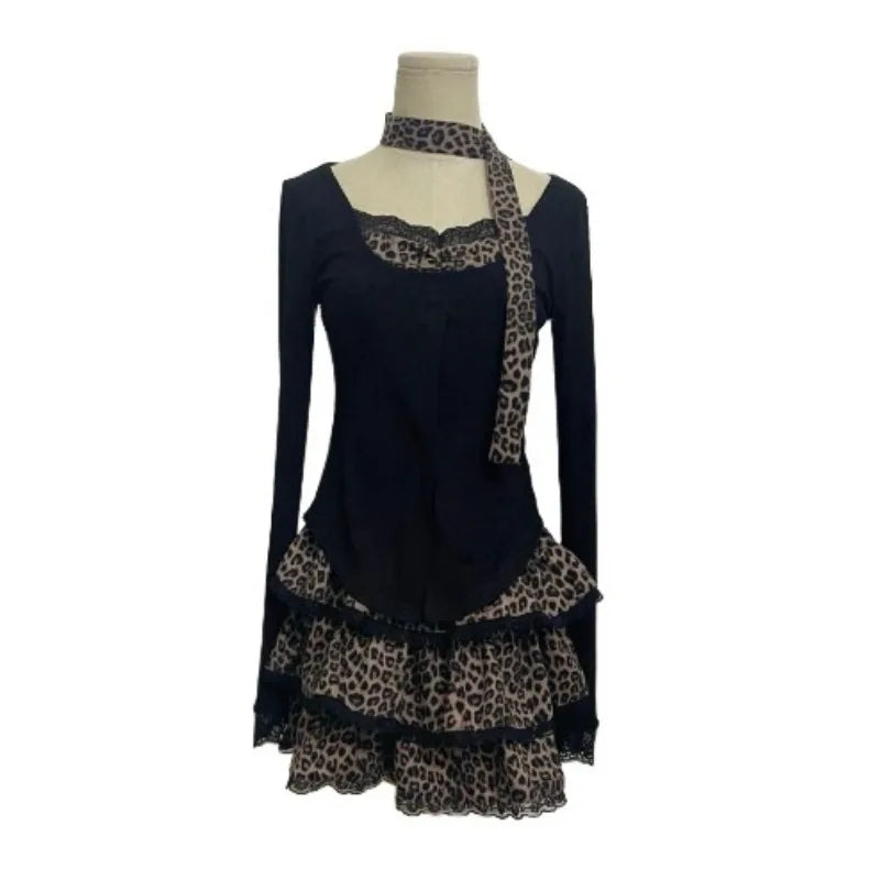 Sweet Hot Girl Suit Autumn Longsleeved Slim Cardigan Leopard Print Aline Skirt Twopiece Set Female Clothes
