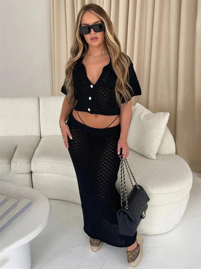 Knit Hollow Out 2 Piece-set Long Skirt ’s Cropped Top Cardigan and High Waist Maxi Skirt Outfits Female Clothes