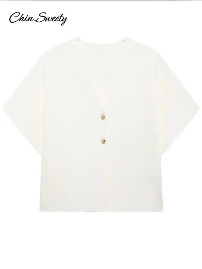 Knitted Vest Top for Short Sleeve V-neck Buttons Loose White Waistcoat Cardigan Female Autumn New in Outwears