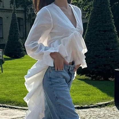 Ruffles V-neck Long Sleeve Blouse