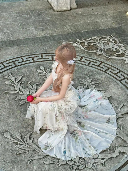 French Print Fairy Midi Dress Evening Party Bow Strap Dress Female Slim Korean Summer