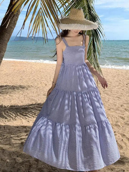 Retro Blue Stripe Party Slim Sleeveless Long Dresses Club Vacation Pleated Slip Dress Summer