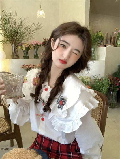 Sweet Clothing Korean Shirts Peter Pan Collar 3d Flower Tops Spring Blouse