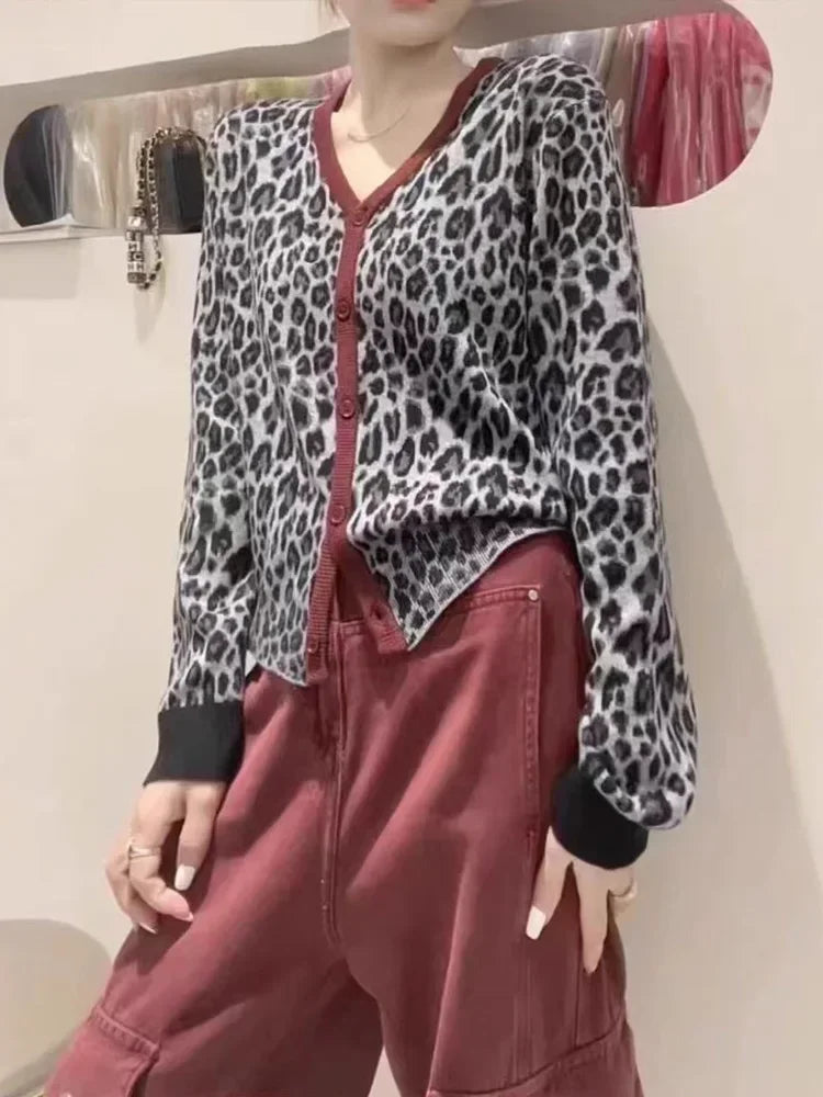 Knitted Sweaters for Long Sleeve Jumpers New Autumn Winter Leopard Loose Single Breasted Cardigan