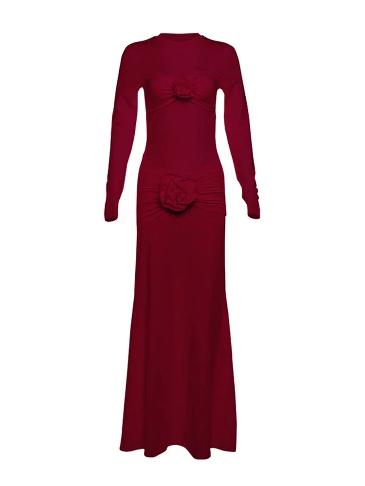 Slim Ruched Flower Maxi Dress for Long Sleeve Party Outfits High Elasticity Dresses