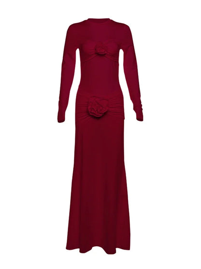 Slim Ruched Flower Maxi Dress for Long Sleeve Party Outfits High Elasticity Dresses