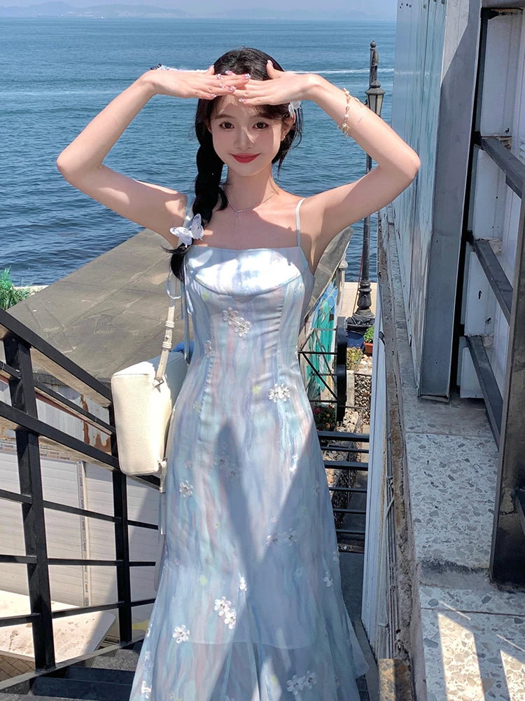 Summer Blue Chiffon Midi Dress Beach Embroidery One Piece Dress Korean Evening Party