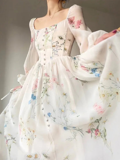 Vinatge Long Dresses Spring Summer French Aline Beach Dress Lantern Sleeve Evening Party Prom Robe Vestidos