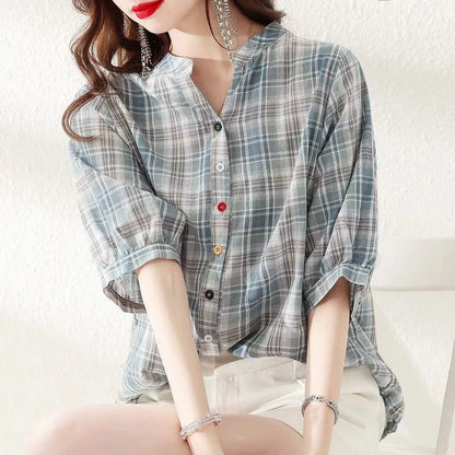 Woman Summer Style Blouses Tops Lady V-neck Short Sleeve Striped Printed Blusas Tops Df4537