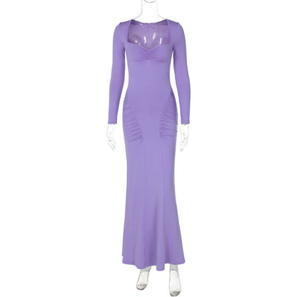 Long Sleeve Party Dresses High Waist Slim Fit ’s Evening Dress Color Pleated Long Dresses