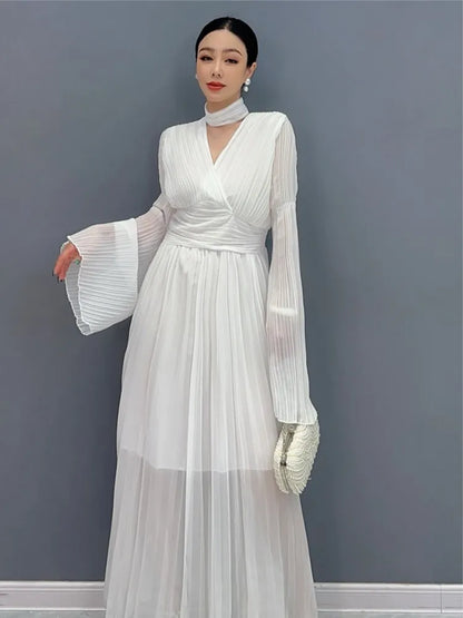 Autumn Flare Sleeve V-neck Midi Dresses for Pleated A-line Party Dress Korean One Piece Vestidos New