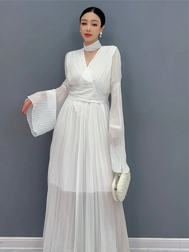 Autumn Flare Sleeve V-neck Midi Dresses for Pleated A-line Party Dress Korean One Piece Vestidos New