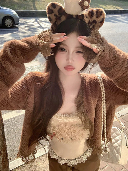Kawaii 2 Piece Sets Y2k Crop Top Corset Vest + Cardigan Coats 2000s American Y2k Suits Outfis Autumn