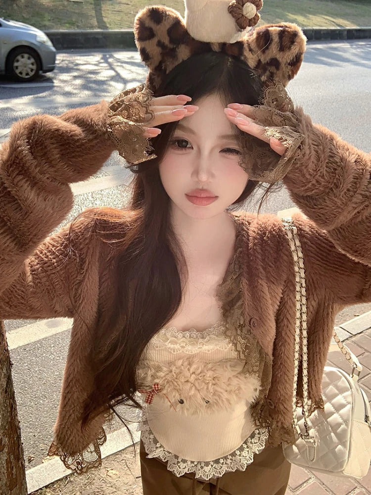 Kawaii 2 Piece Sets Y2k Crop Top Corset Vest + Cardigan Coats 2000s American Y2k Suits Outfis Autumn