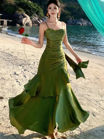 Spaghetti Strap Long Dresses Sleeveless Princess Ruffles Evening Party Dress Summer Holiday Beach Vestidos Robe New