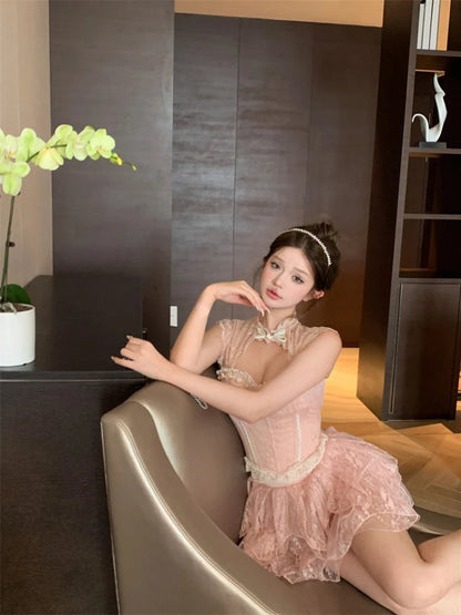 Sweet 2 Piece Skirt Sets Female Bow Lace Patchwork Y2k Corset Blouse + Mini Skirts Japanese Lolita Suits Summer New