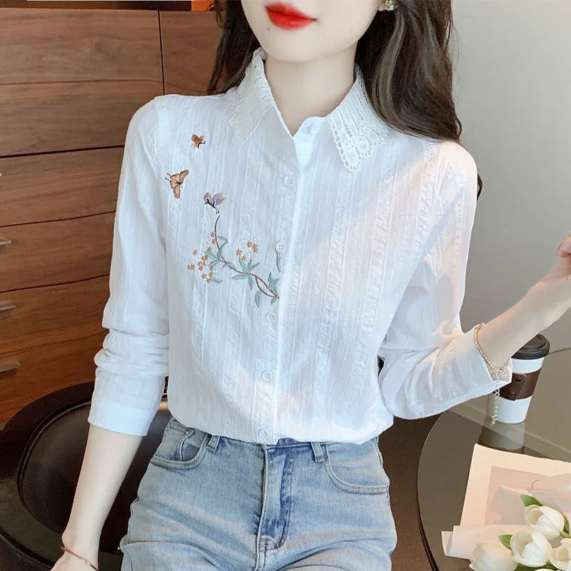 Embroidery Spring Autumn Blouses Shirts Lady Long Sleeve Turn-down Collar Color Blusas Tops Df4775