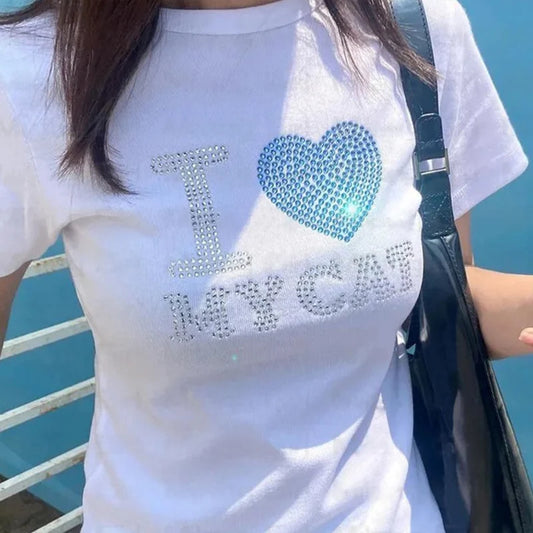Summer European and American Style Short Sleeved T-shirt With Letter Hot Diamond Top, T-shirt With Slim Fit Inside for