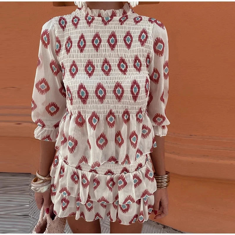 New Woman Ruffles Hem Mini Printed Shirt Skirt 2 Piece Set Female Puff Sleeve Blouse High Waist Mini Dress Suit Outfits
