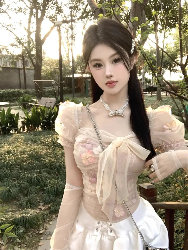 Shirts Flowers Lace Patchwork Bandage Suqare Collar Slim Short Sleeve Sweet Blouse Sweet Crop Tops