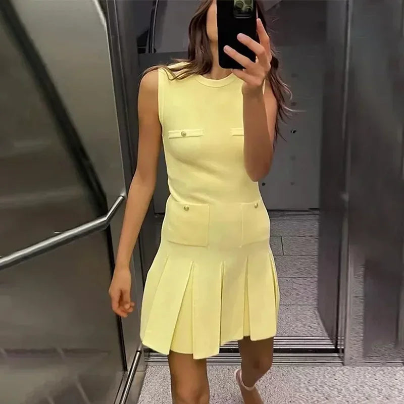Folds Knitted Mini Dress for Sleeveless With Pocket Vest Dress High Waisted Clubs Party Summer