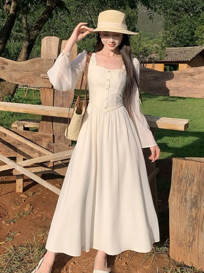French Flare Sleeve Midi Dresses for Square Collar A-line Autumn New Party Dress Female Clothing