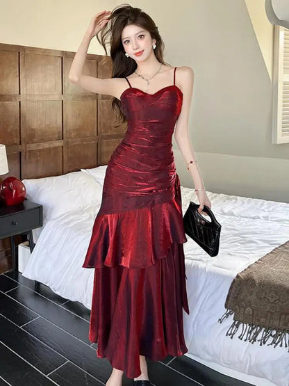 Summer French Red V Neck Sleeveless Ruffle Edge Slip Long Dress Backless Vacation Pleated Evening Party Dress